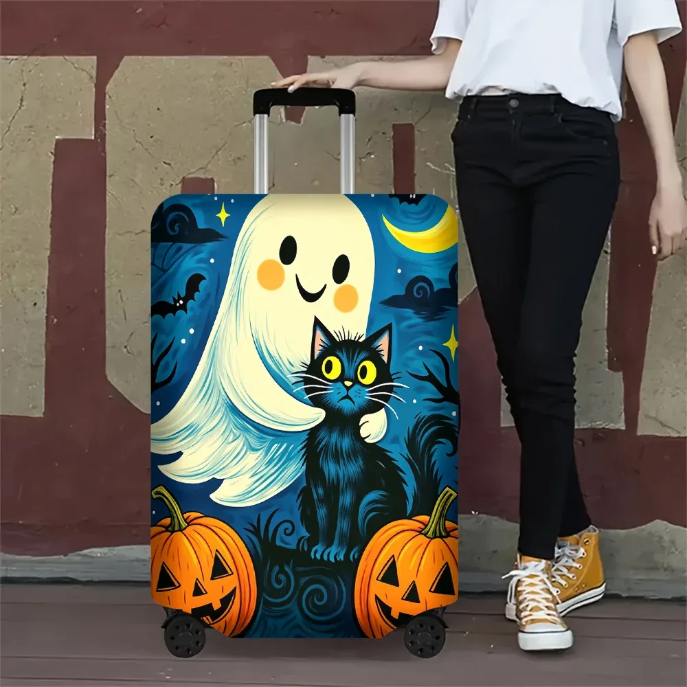 1 housse de bagage à imprimé fantôme et chat pour halloween, pour bagages de 18 à 32 pouces ; accessoires de voyage anti-poussière et élastiques pour une protection efficace