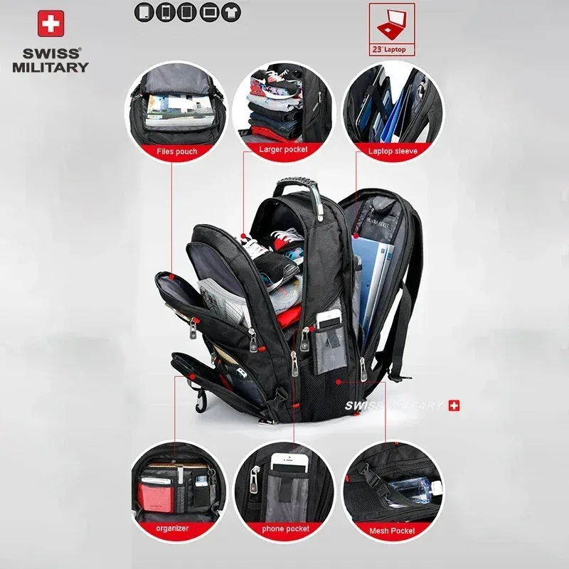 sac à dos pour ordinateur portable swiss 17' imperméable avec port de charge usb, sac à dos multifonctionnel de style suisse, cartable, sac de randonnée, sac de voyage