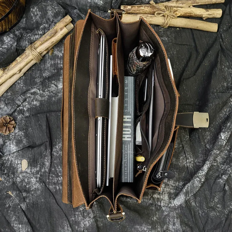 sac d'ordinateur en cuir de vachette véritable pour homme, sac pour ordinateur portable, étui à bombes, 100% cuir véritable, mode vintage, luxe, 15.6"