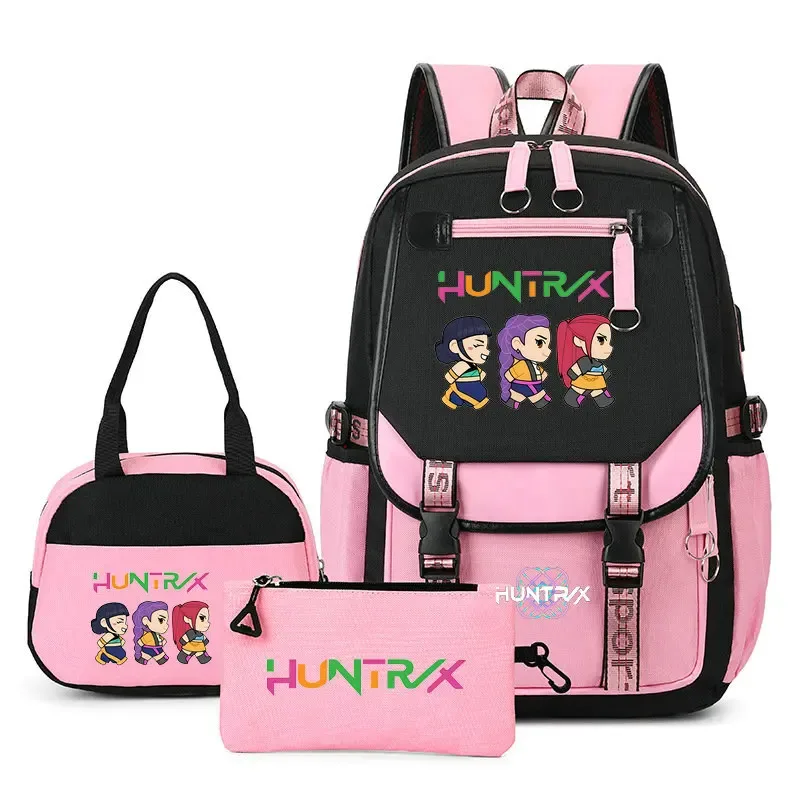 sac à dos kpop demon hunter pour adolescents, cartable de grande capacité, 3 pièces/ensemble avec sac à lunch pour femmes, étudiants, décontracté, confortable, pour voyage, mochilas