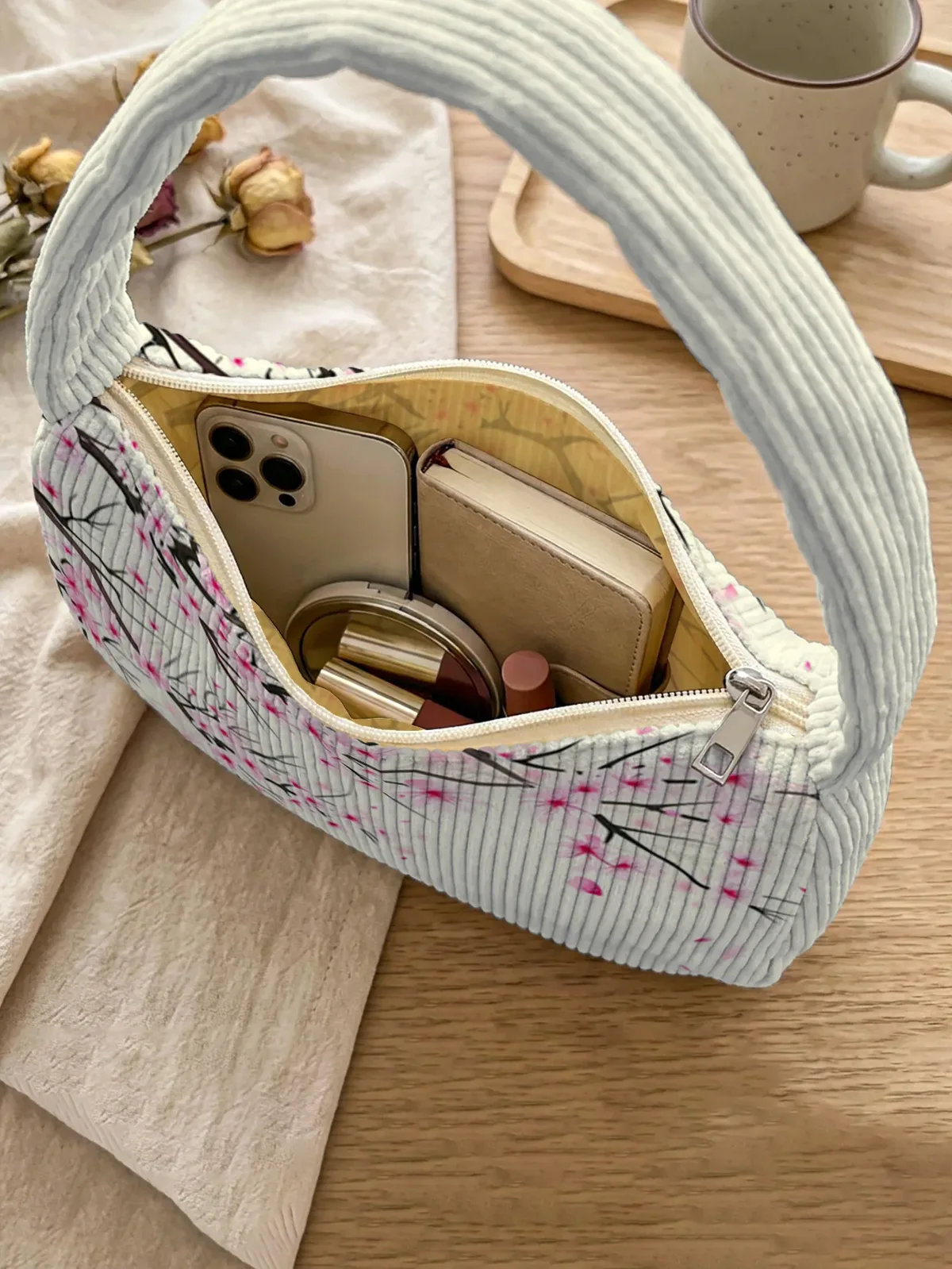 sac à bandoulière tendance à imprimé fleurs de cerisier, sac sous le bras en velours côtelé beige pour un usage quotidien décontracté