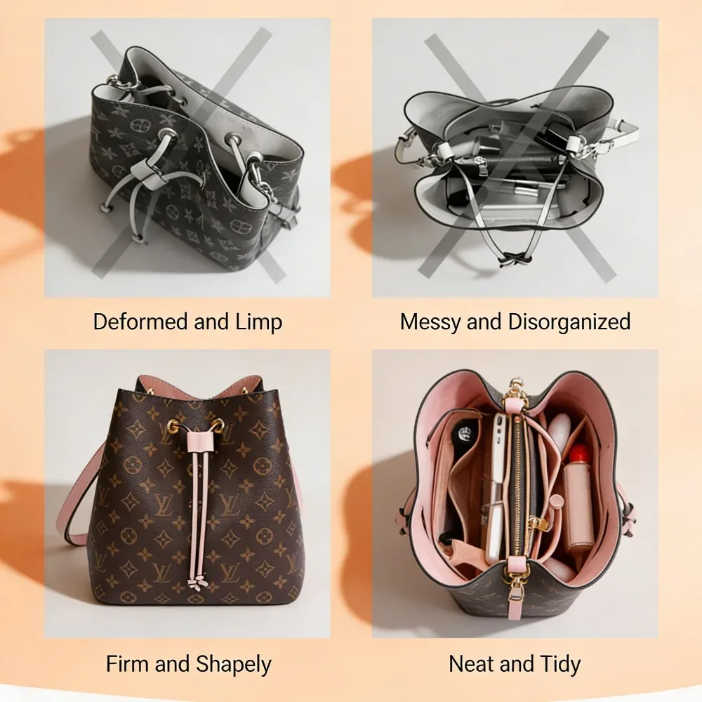 organisateur de sac en feutre premium avec poche zippée, séparateur intérieur pour sac à main, rangement pour maquillage et cosmétiques, pour sac seau et sac fourre-tout