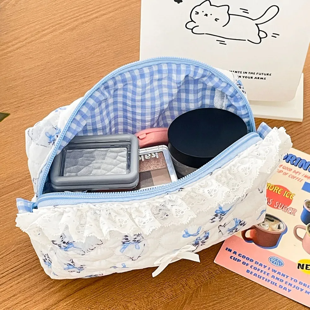 sac de maquillage en dentelle de chat de dessin animé pour femmes, organisateur de voyage, pochette cosmétique de toilette, sac de maquillage portable pour filles, vente en gros