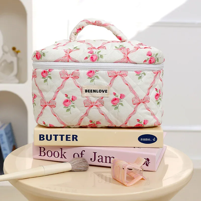 trousse de maquillage de grande capacité, trousse à cosmétiques imprimée de fleurs avec nœud, organisateur de toilette portable à fermeture éclair