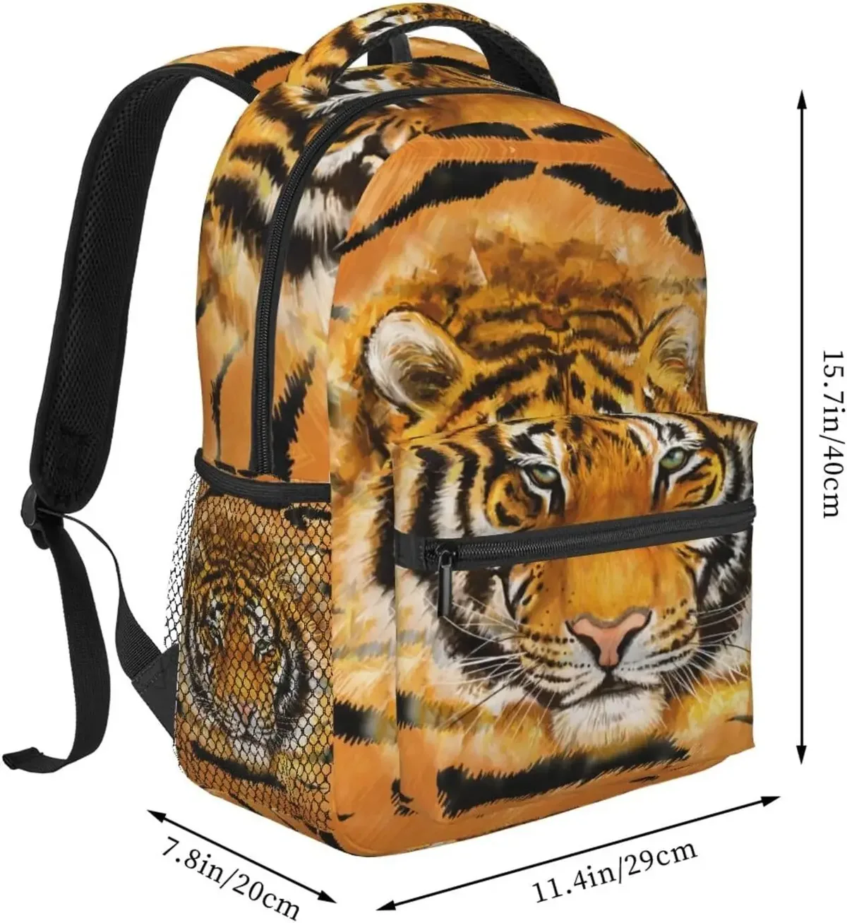 sac dos polyester imprimé tigre rayures noires orange fond beige poches latérales zip grande ouverture bandouliere chaîne usage voyage école randonnée camping