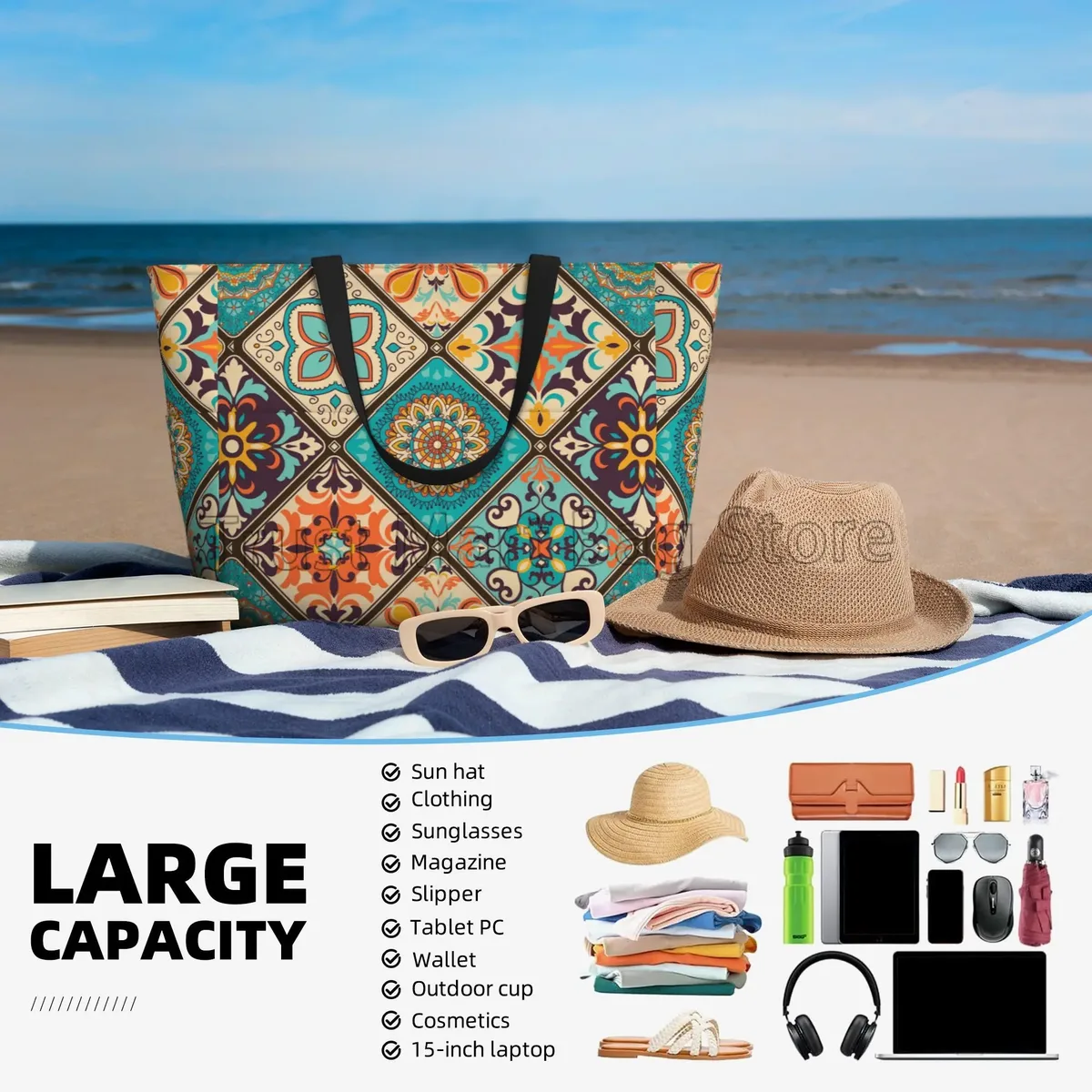 fourre-tout ethnique à fleurs de mandala pour femme, sac de plage, sac de piscine, extra large, sac de sport, sac de transport pour week-end, voyage, étanche