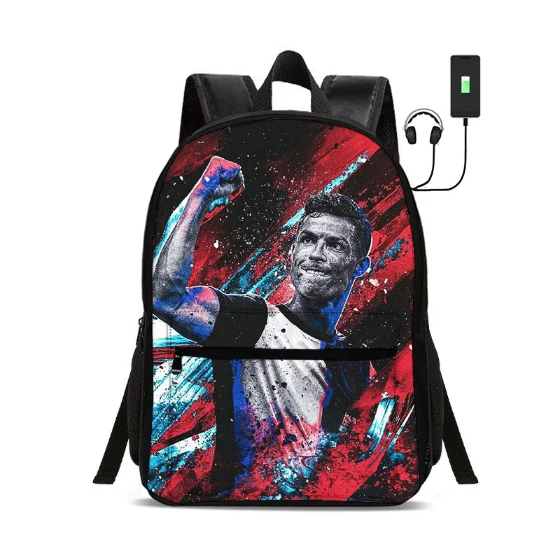 sac à dos de star du football avec interface usb, sac à dos ronaldo pour étudiants, sac à dos pour garçons et filles, meilleur cadeau