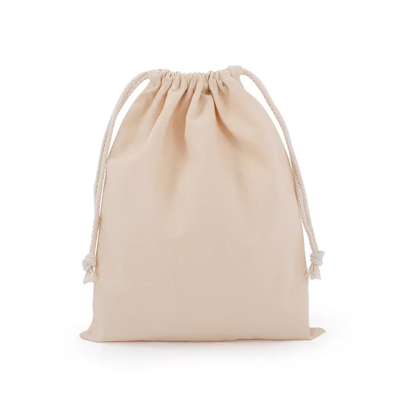 sac d'emballage en toile de coton et polyester avec cordon de serrage, personnalisable avec logo, blanc uni, pour cadeaux et rangement