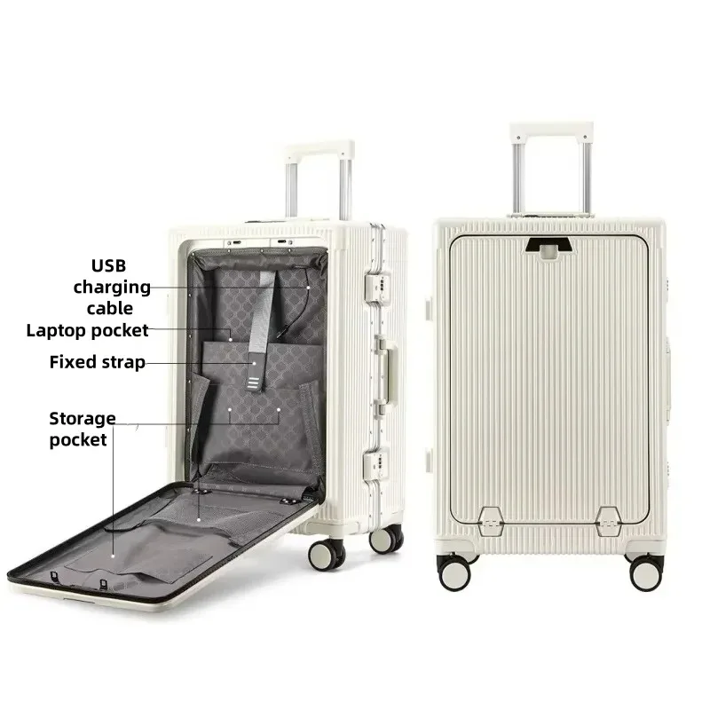 valise à cadre en alliage d'aluminium, poche d'ouverture avant avec prise de chargement usb, sac de boîtier de chariot à bagages roulant avec roue rotative