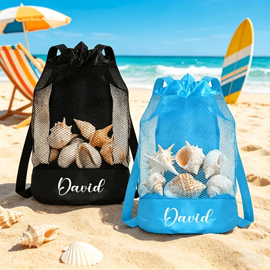 sac voyage maille personnalisation femmes plage gym turquoise rose bleu noir coquillages poche inférieure