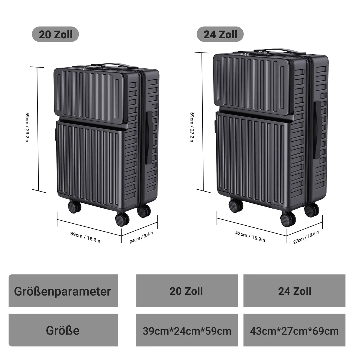 valise rigide rosahqnda, lot de 2, valise à roulettes 20/24 pouces, valise de voyage, tsa/abs, noir/gris