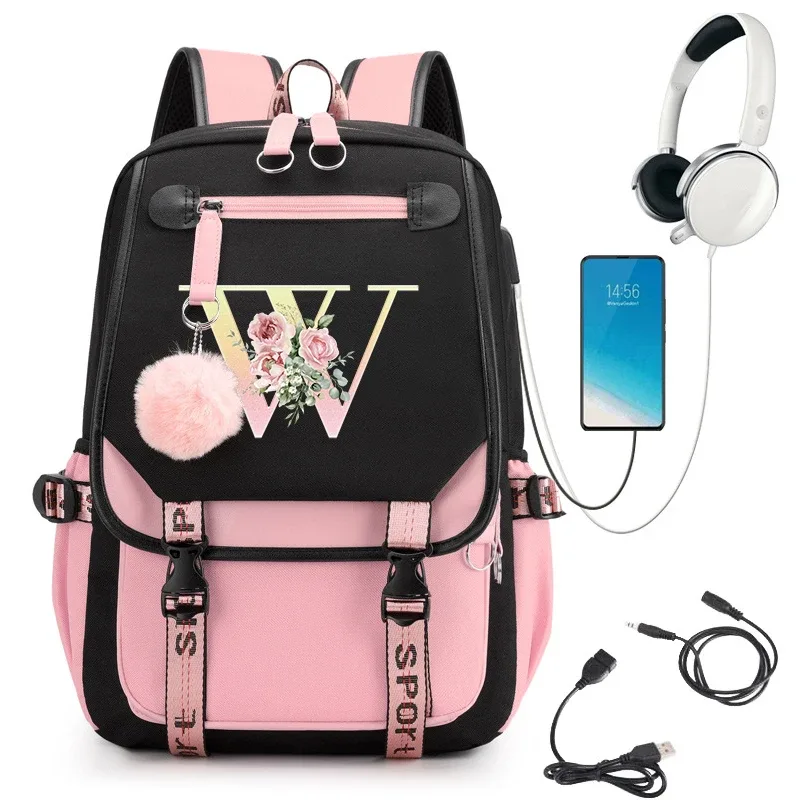 sac à dos rose graphique or imprimé lettre fleur a-z alphabet épaule sac adolescente mode fille sac à dos lycée sacs à dos