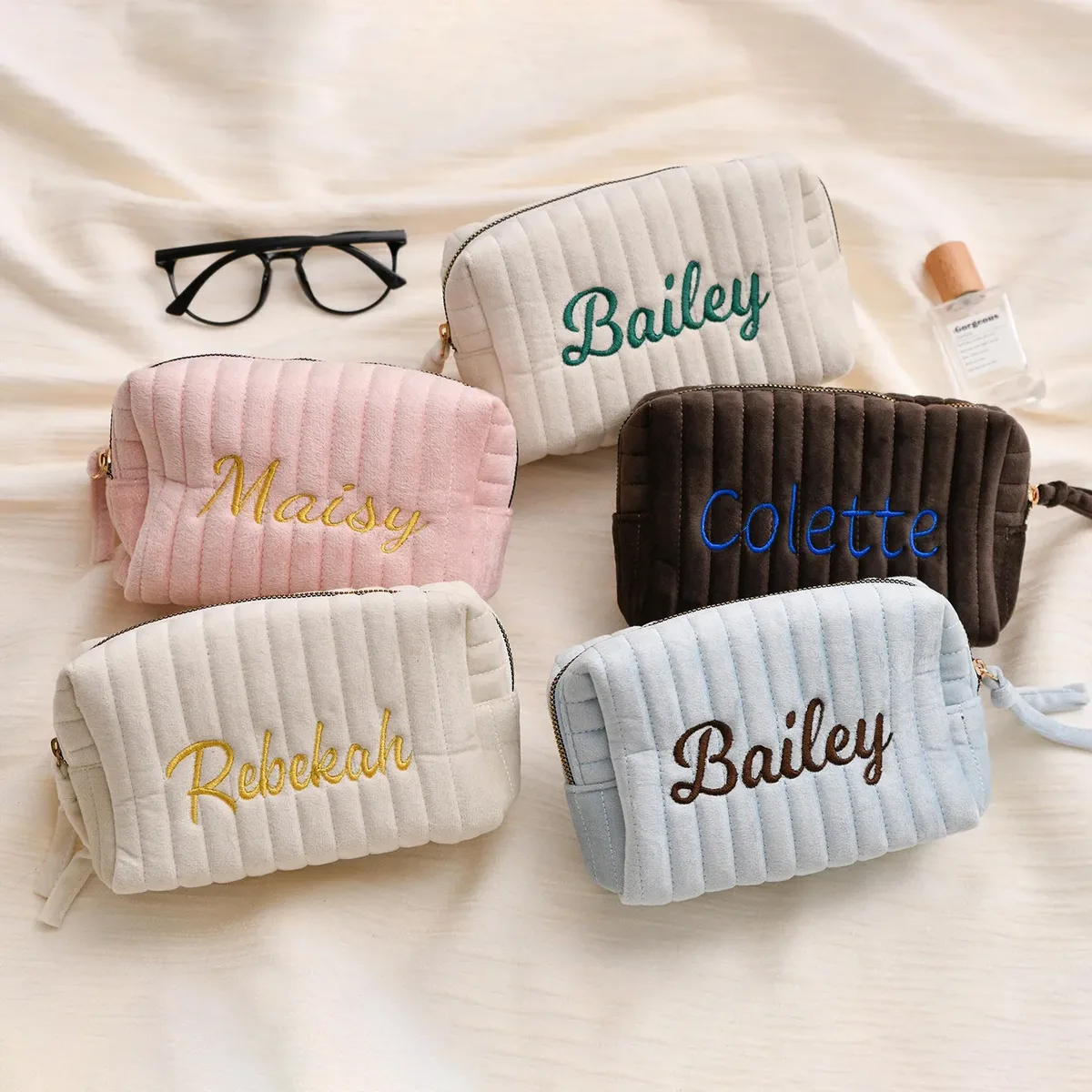 pochette de maquillage en velours côtelé personnalisée avec broderie, trousse de toilette esthétique, cadeau pour femmes et filles, trousse à crayons
