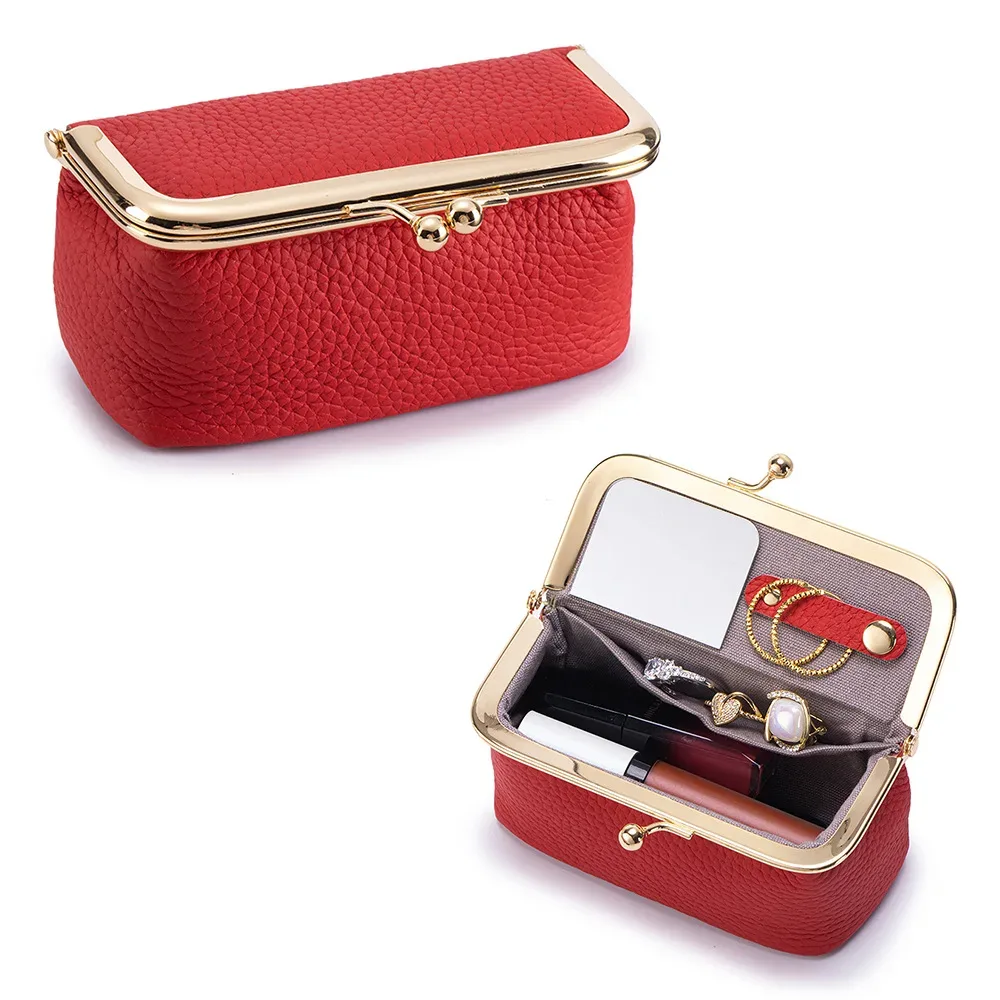mini trousse de maquillage multifonction en cuir avec miroir, étui de voyage portable pour rouge à lèvres, bijoux, bagues, petits objets