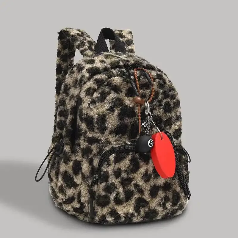 sac à dos en peluche, accessoires mignons, imprimé léopard, sacs à livres décontractés avec pendentif, petits sacs de jour de voyage, sac à bandoulière élégant multiple