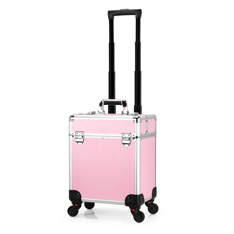trousse de maquillage à roulettes en aluminium de grande capacité avec plateaux, trousse à cosmétiques verrouillable, trousse de salon, fournitures n64