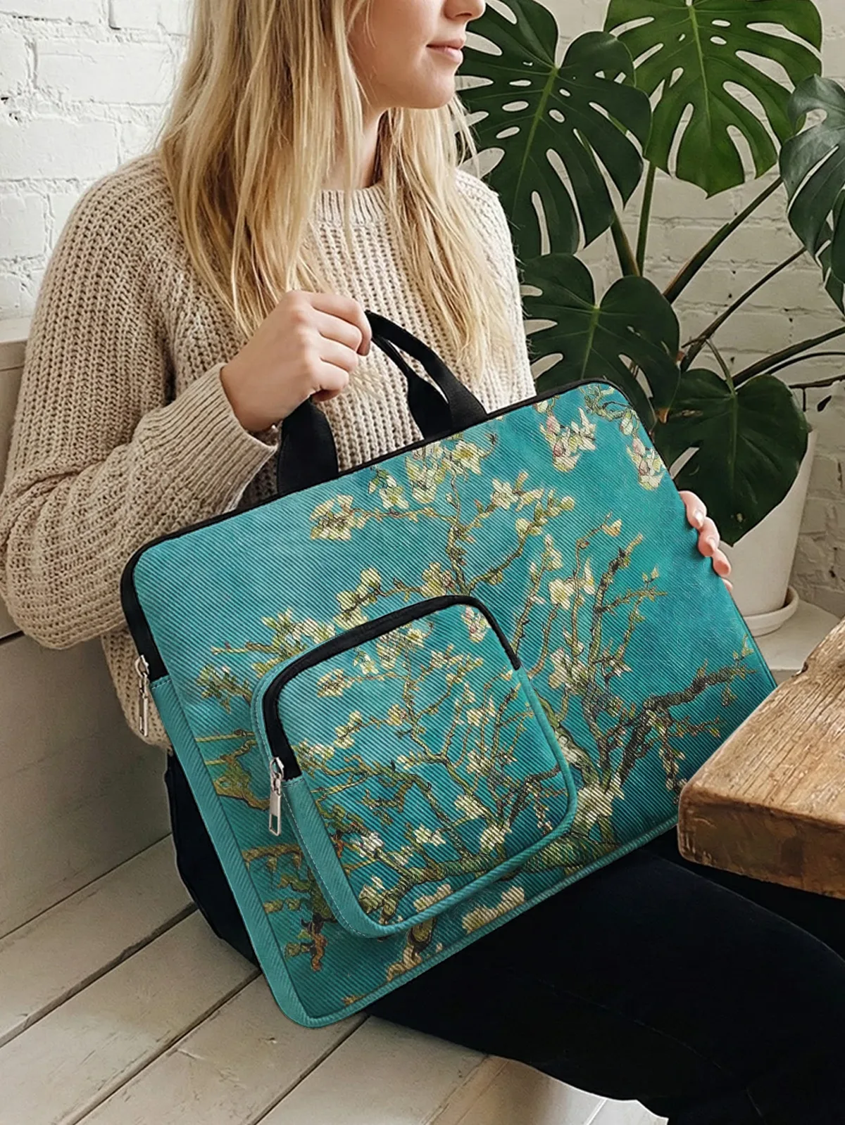 sac à main pour ordinateur portable avec peinture de fleurs d'amande de van gogh, avec poche supplémentaire, étui antichoc pour ordinateur portable de 13 à 15,6 pouces