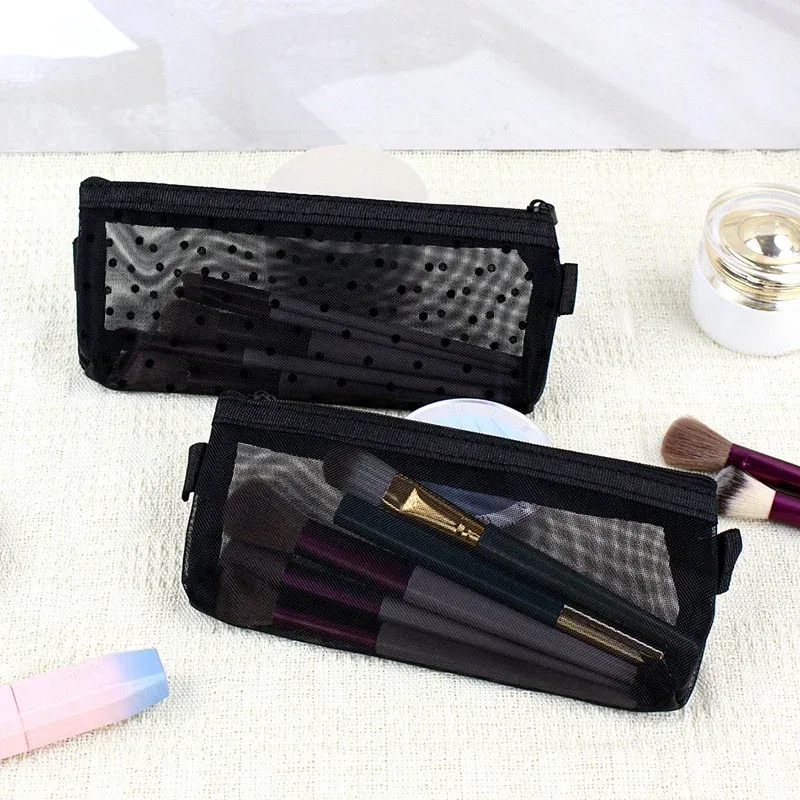 trousse de maquillage en maille transparente, trousse de maquillage cosmétique, porte-pinceau de maquillage, jolie fermeture éclair transparente, étui à crayons imprimé cœur noir, trousse à poudres
