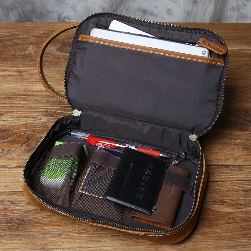 nzpj vintage en cuir véritable trousse de toilette couche supérieure en peau de vache trousse de maquillage peau de cheval fou sac à main pour hommes tablette sac d'ordinateur