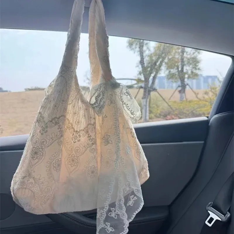 sac fourre-tout en toile style coréen avec dentelle florale, grande capacité, sac à bandoulière pour femme, sac de navetteur, sac de style universitaire