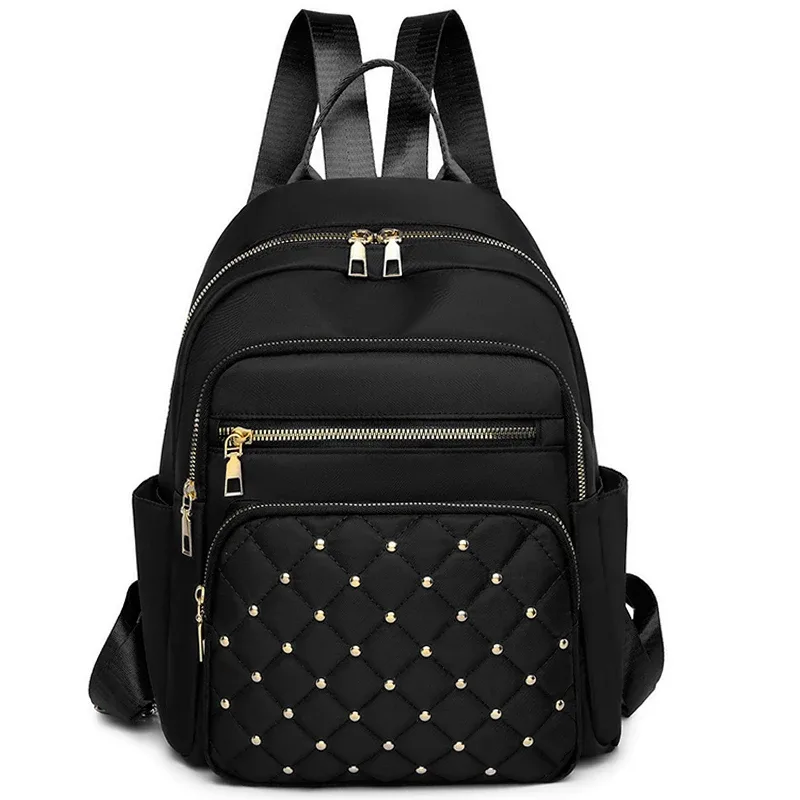 sac à dos brodé à carreaux de diamant, avec rivets, sac de voyage tendance pour femmes, sac à dos décontracté et polyvalent pour femmes