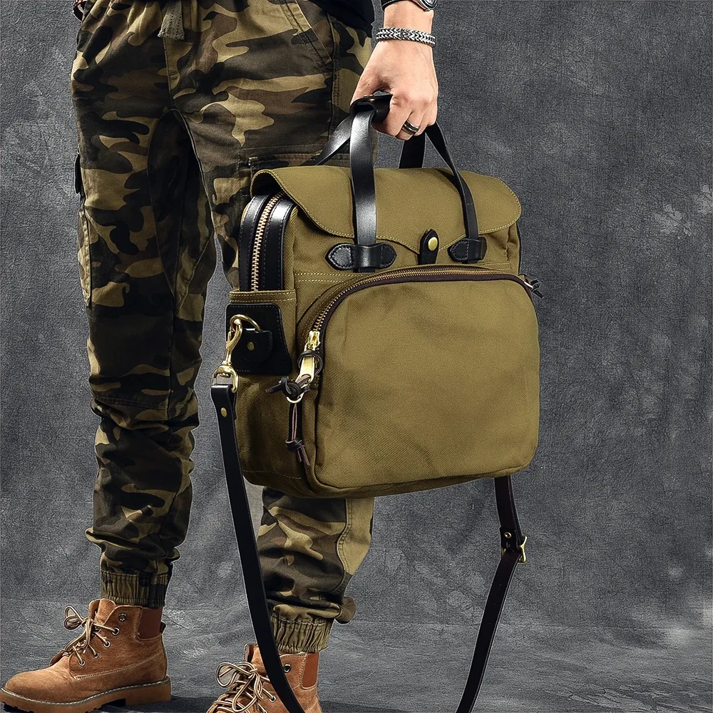 mallette d'affaires vintage en cuir véritable pour hommes, sac à main de voyage en plein air, sac de messager pour ordinateur, sac de travail, toile de haute qualité, 15 po