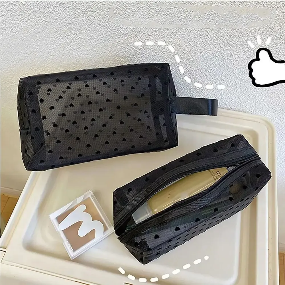 trousse de maquillage transparente grande capacité à fermeture éclair, motif cœur et points ondulés, sac de rangement cosmétique, trousse de toilette de voyage