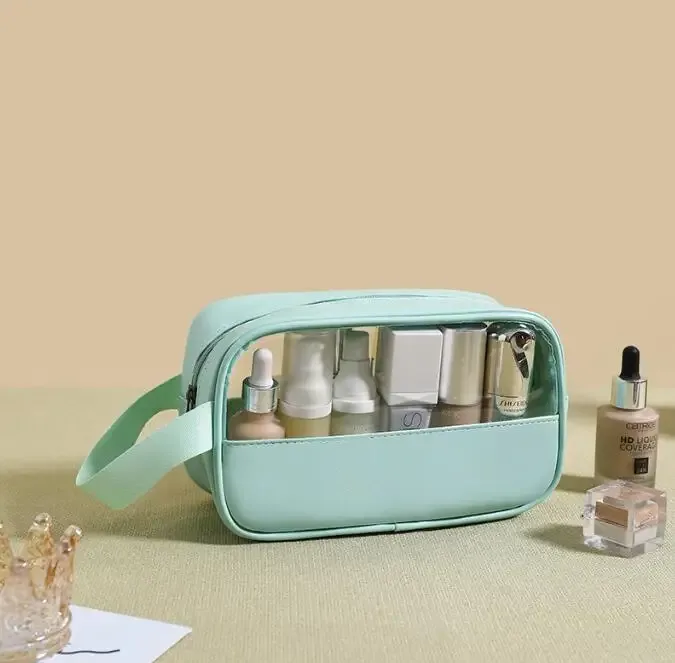 sac à cosmétiques personnalisé avec coutures brodées, sac de bain translucide en pvc de grande capacité, sac de rangement de voyage portable étanche en pu