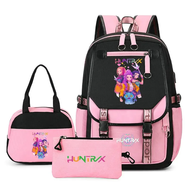 sac à dos kpop demon hunter pour adolescents, cartable de grande capacité, 3 pièces/ensemble avec sac à lunch pour femmes, étudiants, décontracté, confortable, pour voyage, mochilas