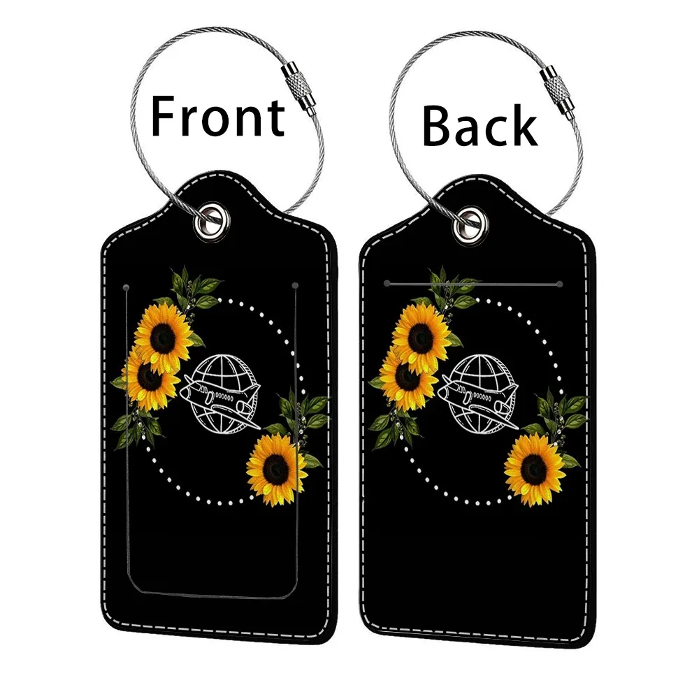 étiquette bagage polyuréthane motif tournesols bleu nuit jaune voyage identification personnelle plaques adresses double cartes bancaires