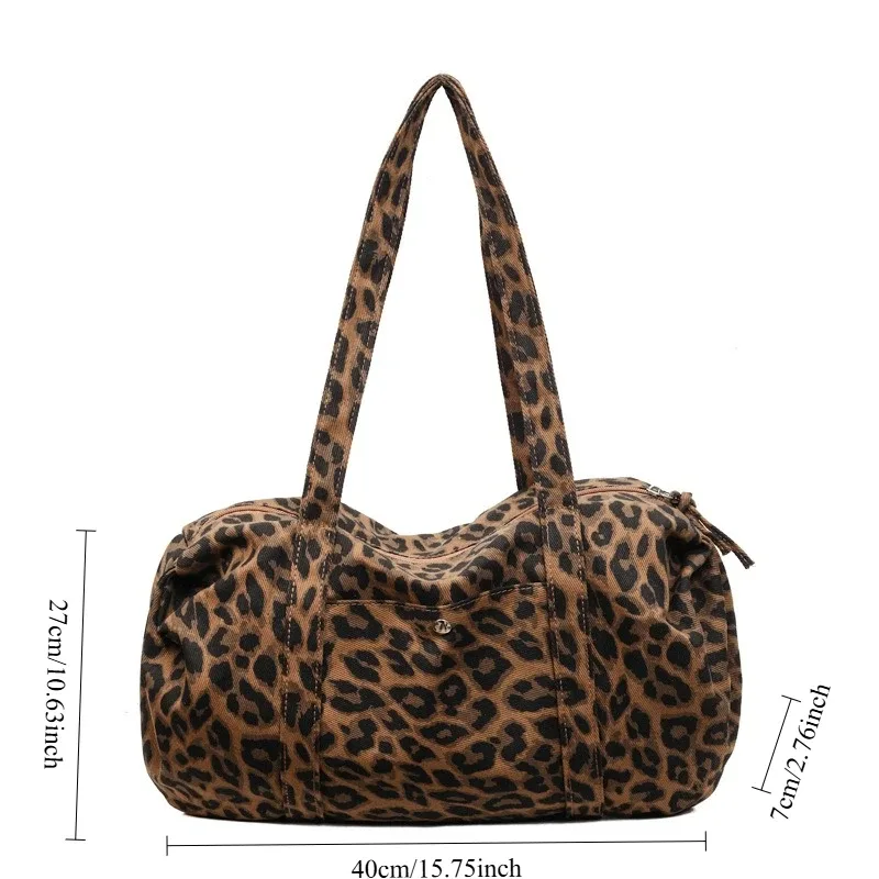 sac à bandoulière en toile imprimé léopard, grande capacité, fourre-tout à poignée pour les déplacements quotidiens, sacs de rangement à texture polyvalente