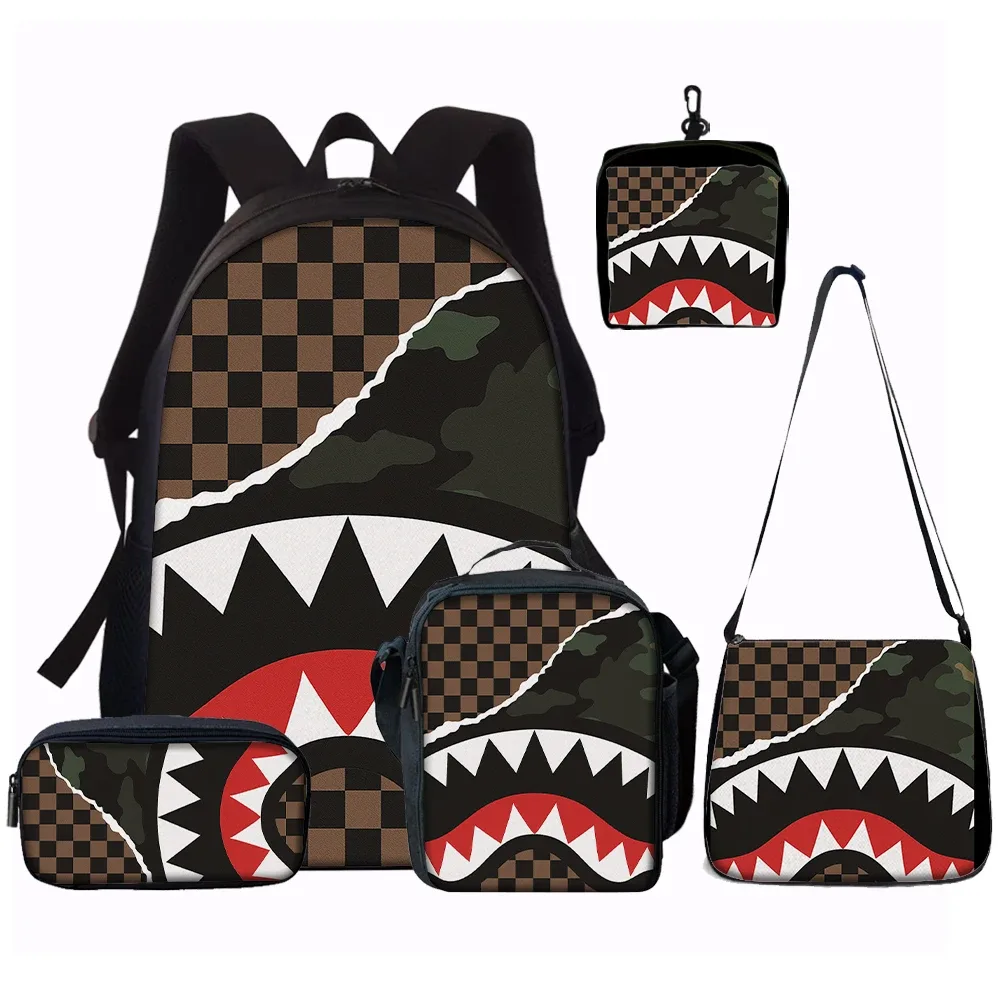 sac dos polyester requin dents camouflage carreaux bleu gris beige noir usage quotidien école aventures