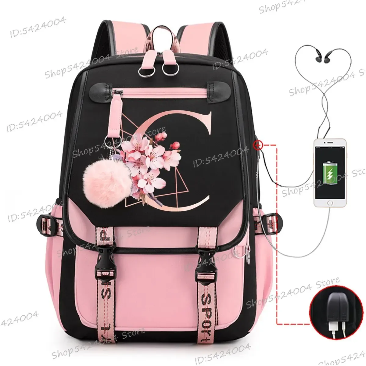 sac dos nylon unisexe rose noir lettre initiale motifs floral personnages voyage adolescents toile interne ordinateur poche fentes compartiments