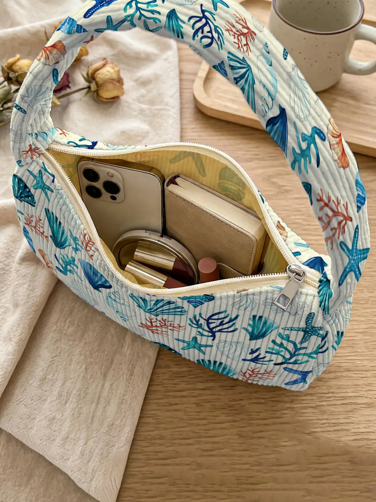 sac à bandoulière tendance à imprimé océan, sac sous le bras en velours côtelé pour un usage quotidien décontracté