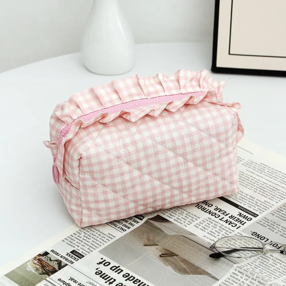 sac de maquillage portable, design matelassé, motif à carreaux, sac de rangement pour pinceaux de maquillage avec fermeture éclair, sac de toilette multifonctionnel pour les voyages