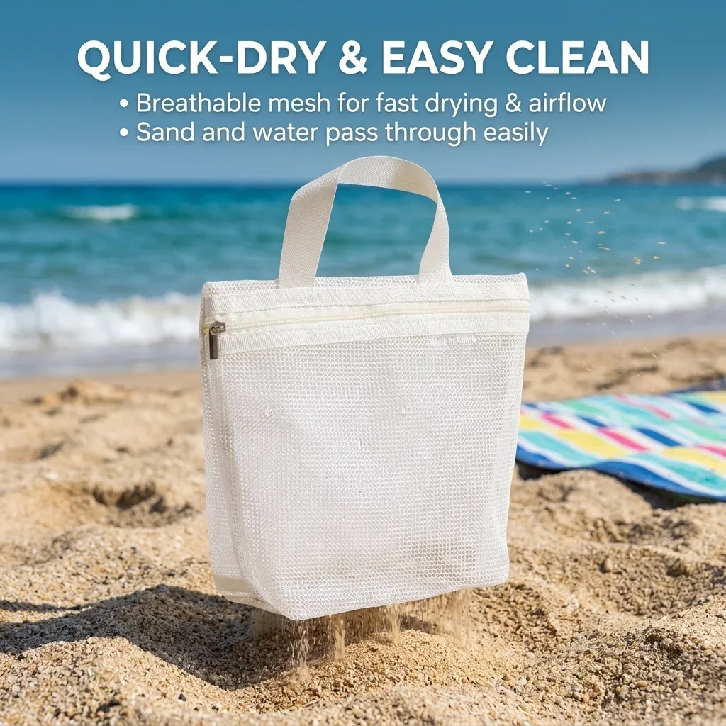 sac de douche portable en maille, sac de rangement ajouré avec fermeture éclair pour lingettes de bain, idéal pour les voyages et la natation