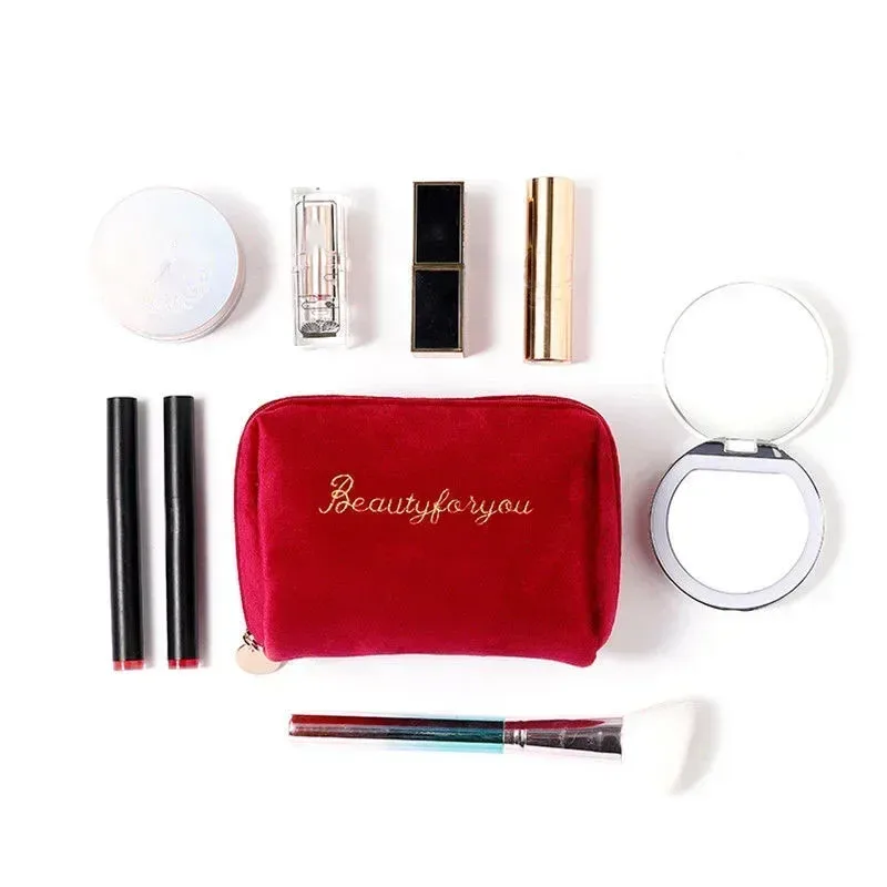 trousse de maquillage en velours avec fermeture éclair pour femme, trousses de toilette, broderie de lettres, poudres cosmétiques, monochromatique, femme