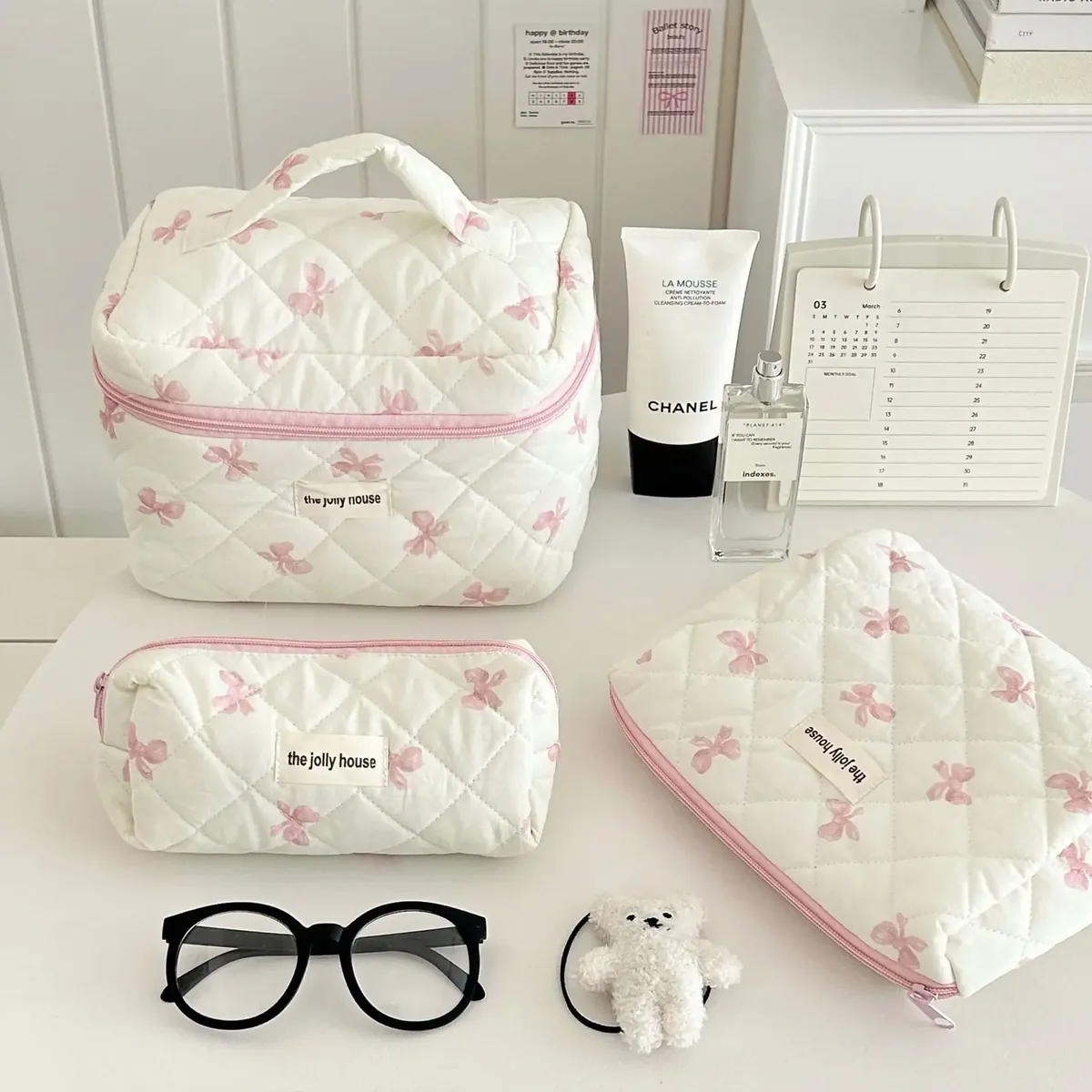sac de maquillage coréen imprimé nœud pour femmes, trousse à cosmétiques portable de grande capacité pour articles de toilette de voyage, sac de rangement de cosmétiques