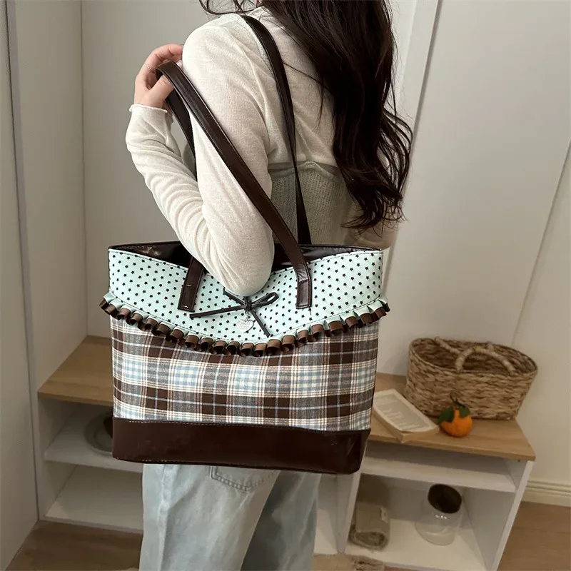 sac fourre-tout vintage à pois et à carreaux grande capacité pour écolière, sac à bandoulière polyvalent simple et haut de gamme
