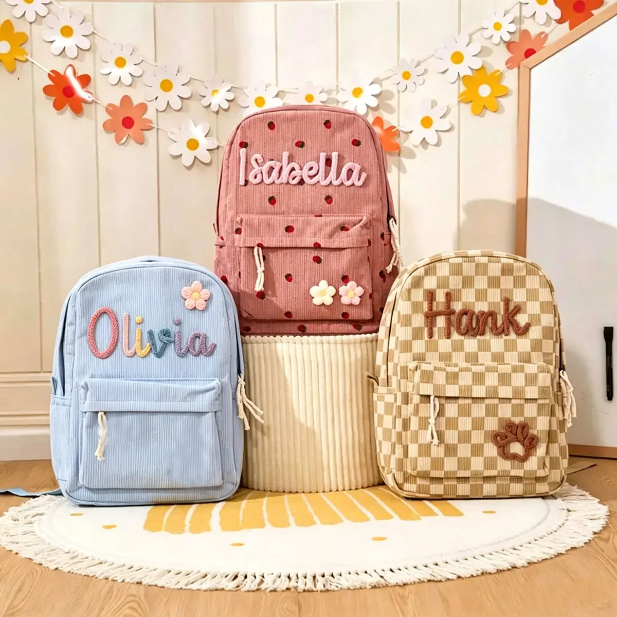 sac à dos personnalisé en velours côtelé, motif fraise/à carreaux, simple et spacieux, cadeau parfait pour la rentrée scolaire