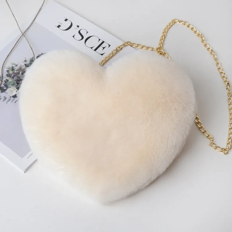 sacs à main en forme de cœur pour femmes, jolis sacs à bandoulière en fausse fourrure, sac à bandoulière en peluche douce avec chaîne, fourre-tout de shopping