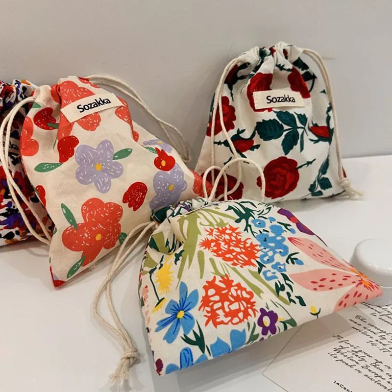 sac de maquillage mignon, cadeau de noël, organisateur de bijoux de bonbons, sac de rangement floral en coton et lin, pochette de rangement de finition pour femmes