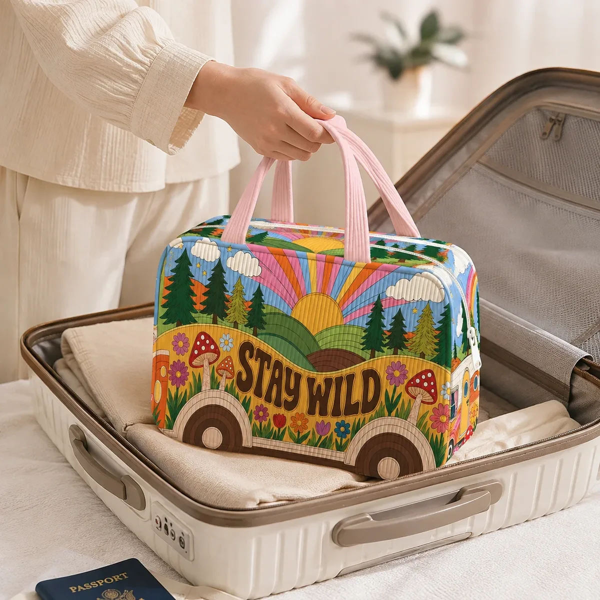 trousse de toilette de voyage rétro imprimée, organiseur de maquillage portable, étui de rangement pour produits de beauté, sac à main stay wild pour les vacances