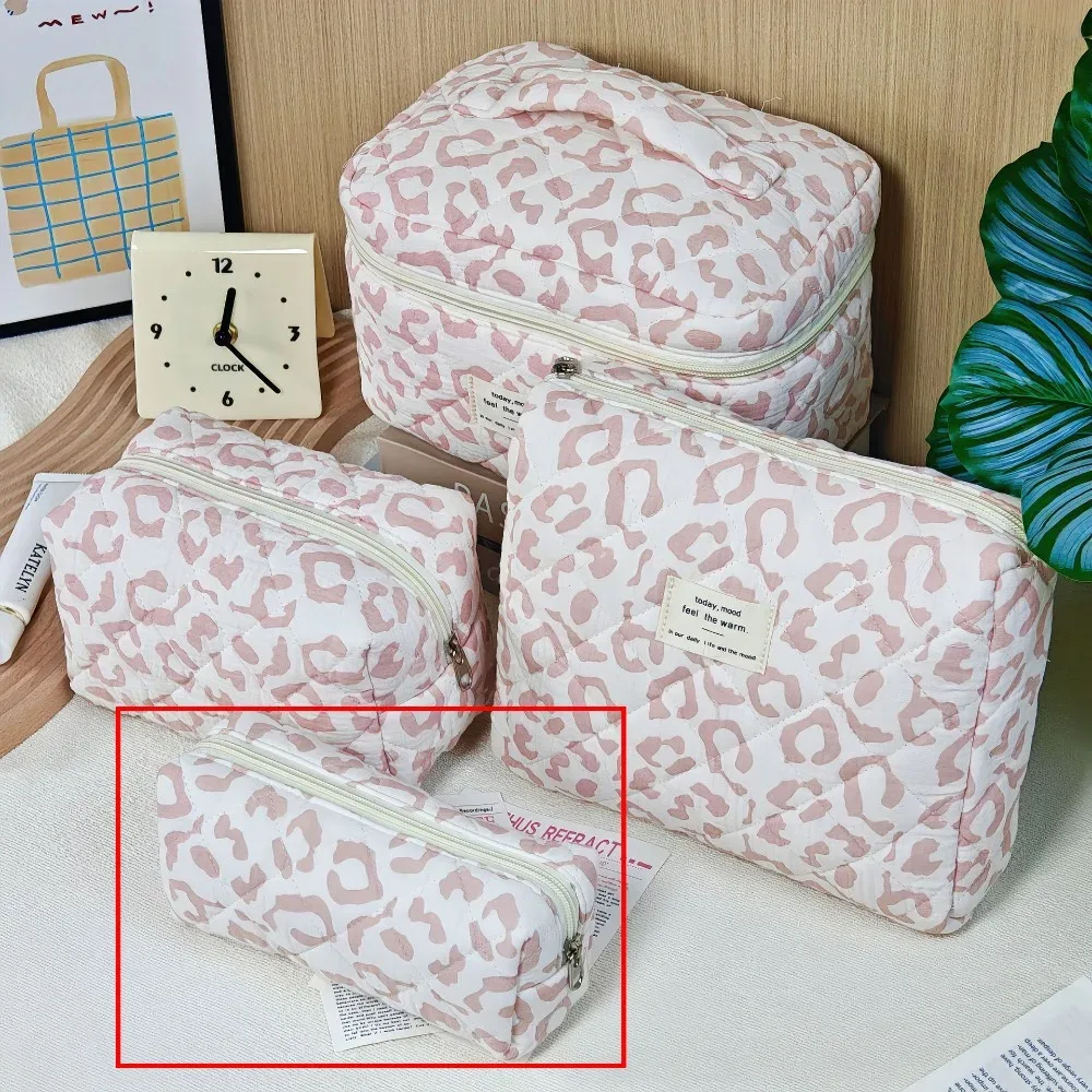 trousse de maquillage matelassée en coton grande capacité avec fermeture éclair, organisateur cosmétique imprimé léopard, sac de toilette portable