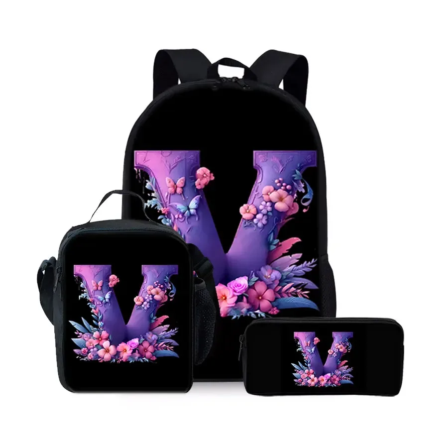 nouvel ensemble de sacs à dos trois pièces à motif alphabet anglais pour garçons et filles – meilleurs cadeaux – sac à dos scolaire plat 2d dessin animé pour enfants