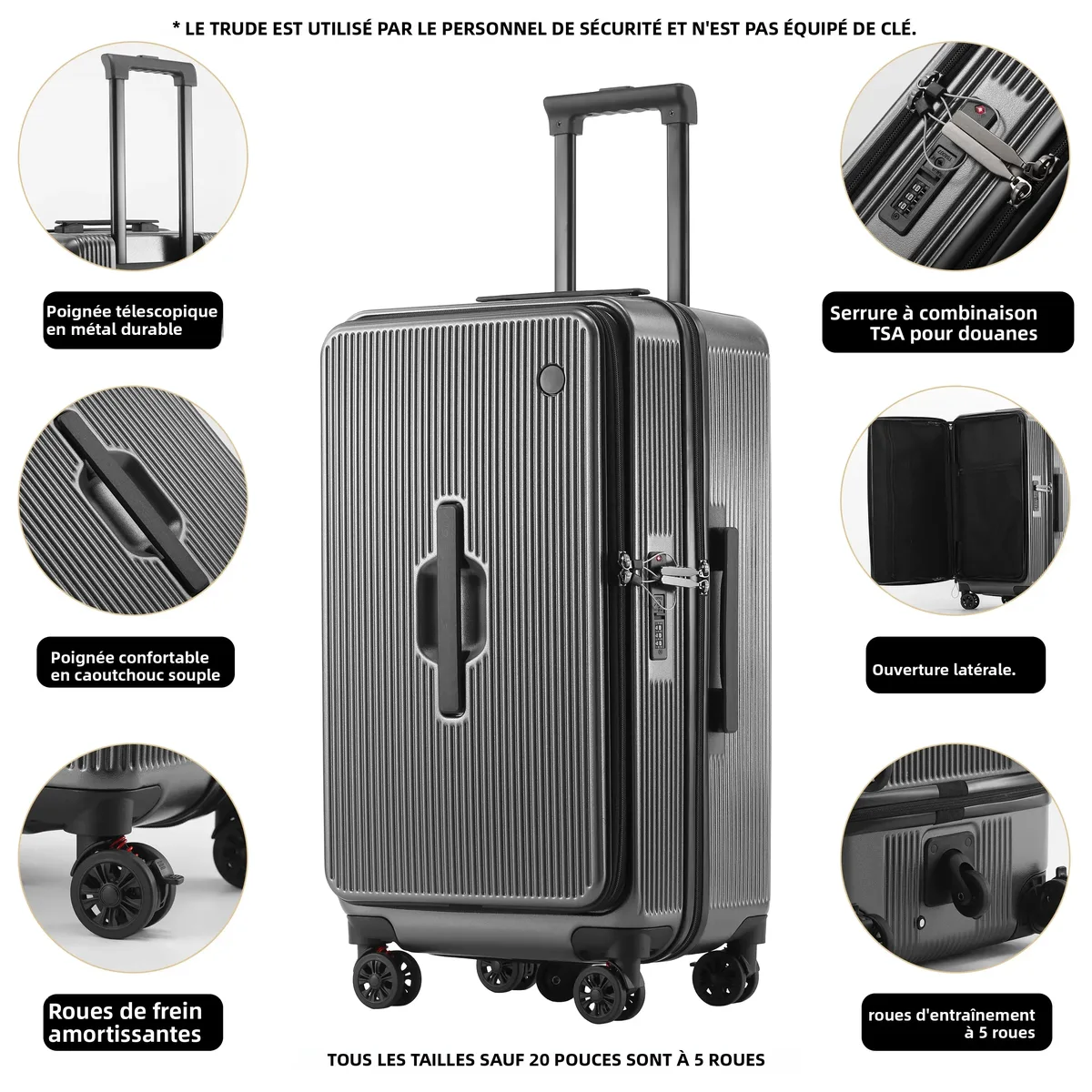 valise premium pure pc à double ouverture 20/25/29 pouces avec serrure tsa, compartiment de rangement 1:9/3:7, valise de voyage à 4/5 roues pivotantes pour toutes les voyages