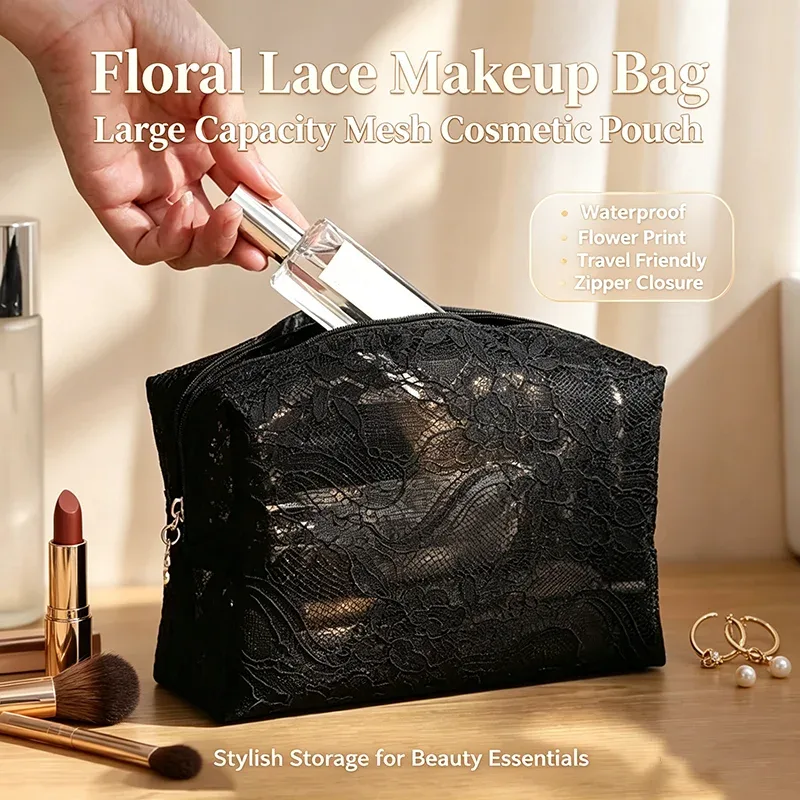 sac de maquillage en dentelle pour femmes, grande capacité, organisateur de cosmétiques et de bijoux, sac de toilette carré portable à fermeture éclair