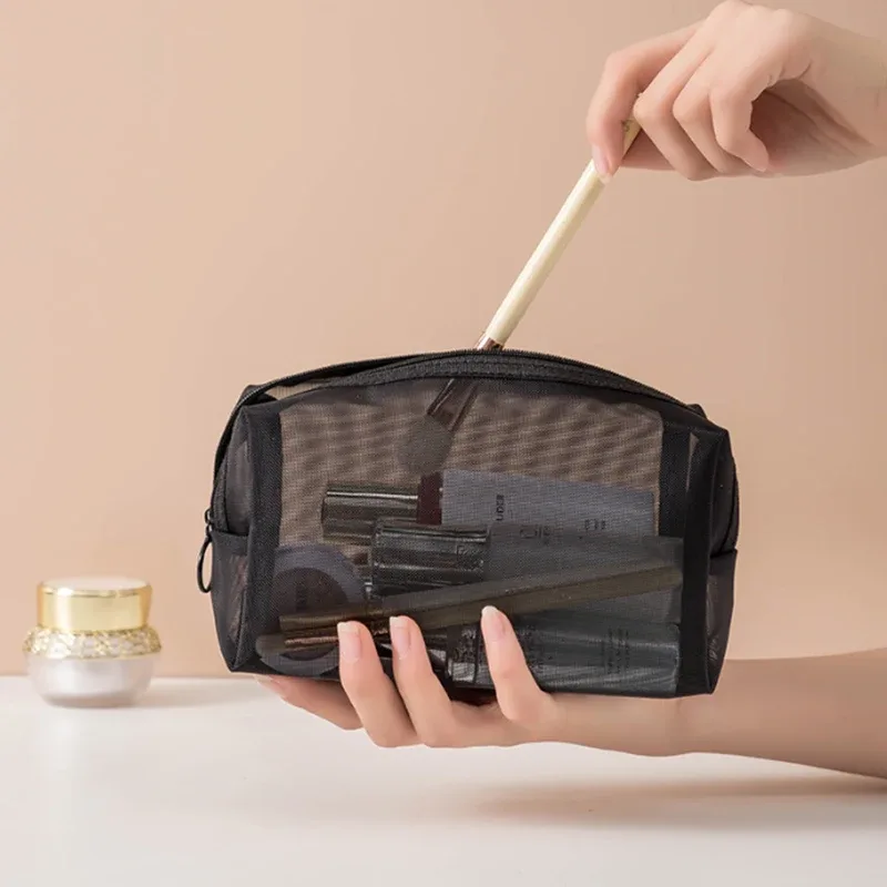 sacs à cosmétiques transparents en maille, petite et grande trousse de maquillage noire, trousse de toilette de voyage portable, trousse de rangement pour rouge à lèvres, poudres, 1pc