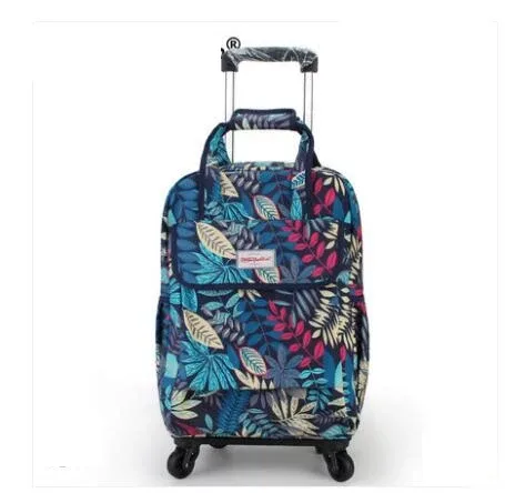 sac dos oxford université motif floral roses rouges fond bleu nuit toupie roulettes transport voyage femmes