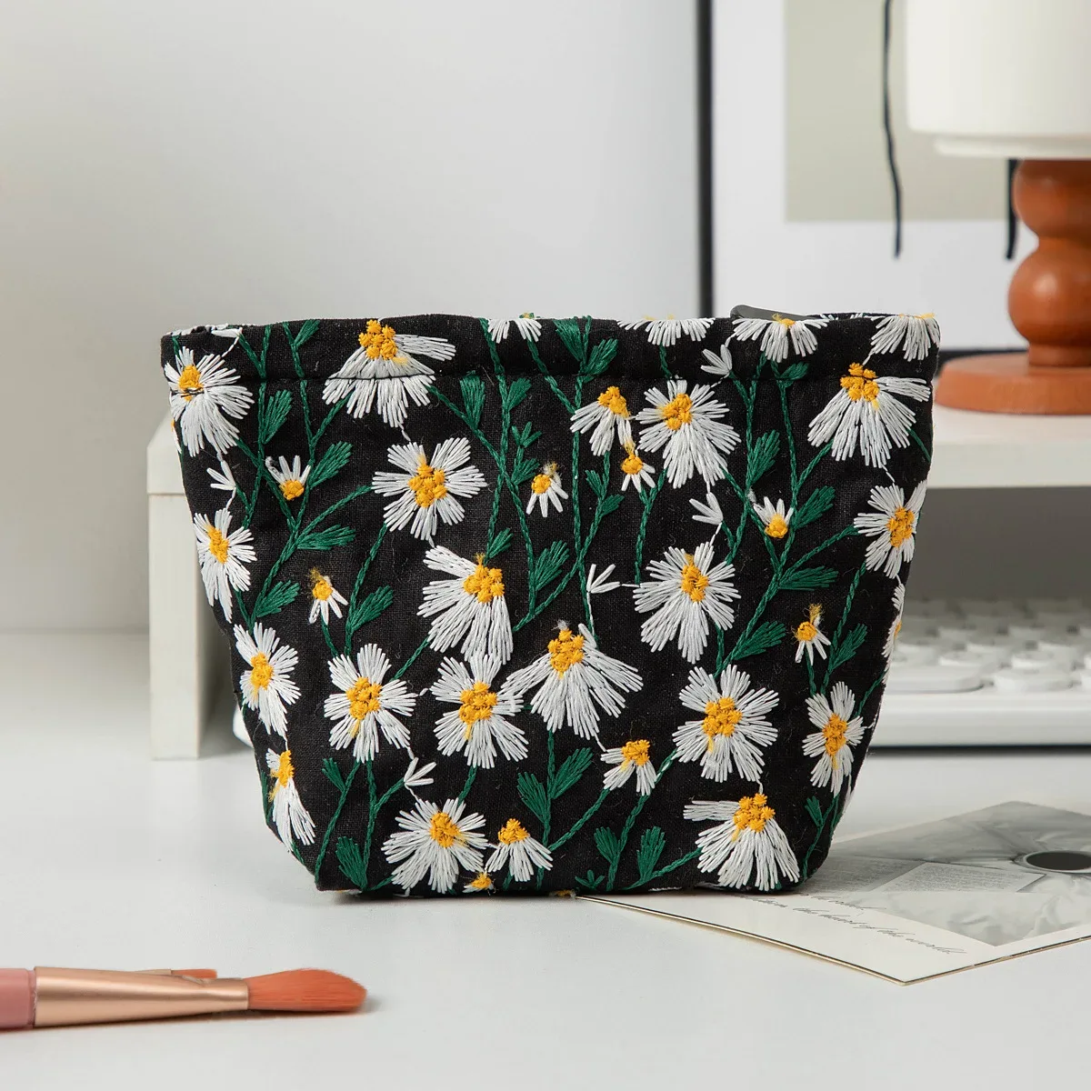 sac à cosmétiques brodé de fleurs, organisateur de maquillage en toile à fermeture éclair, pochette de rangement de voyage, trousse de beauté pour femmes